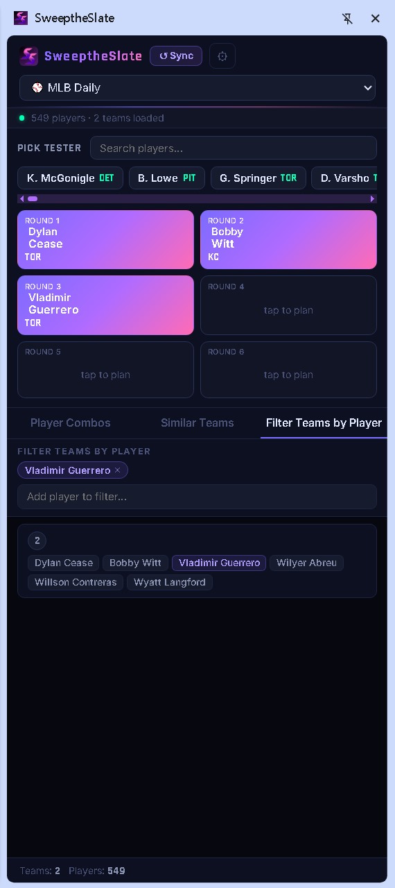 Filter Teams by Player section