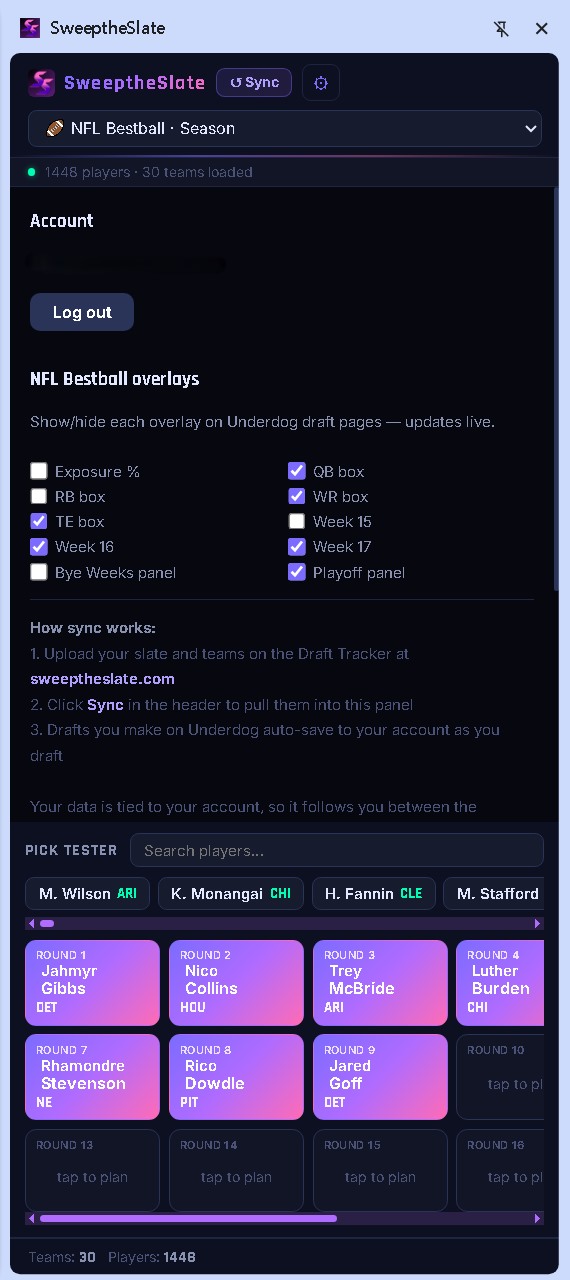 NFL best ball overlay toggles in the panel settings