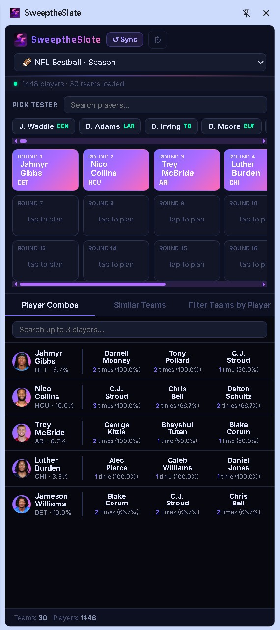 Player Combos section